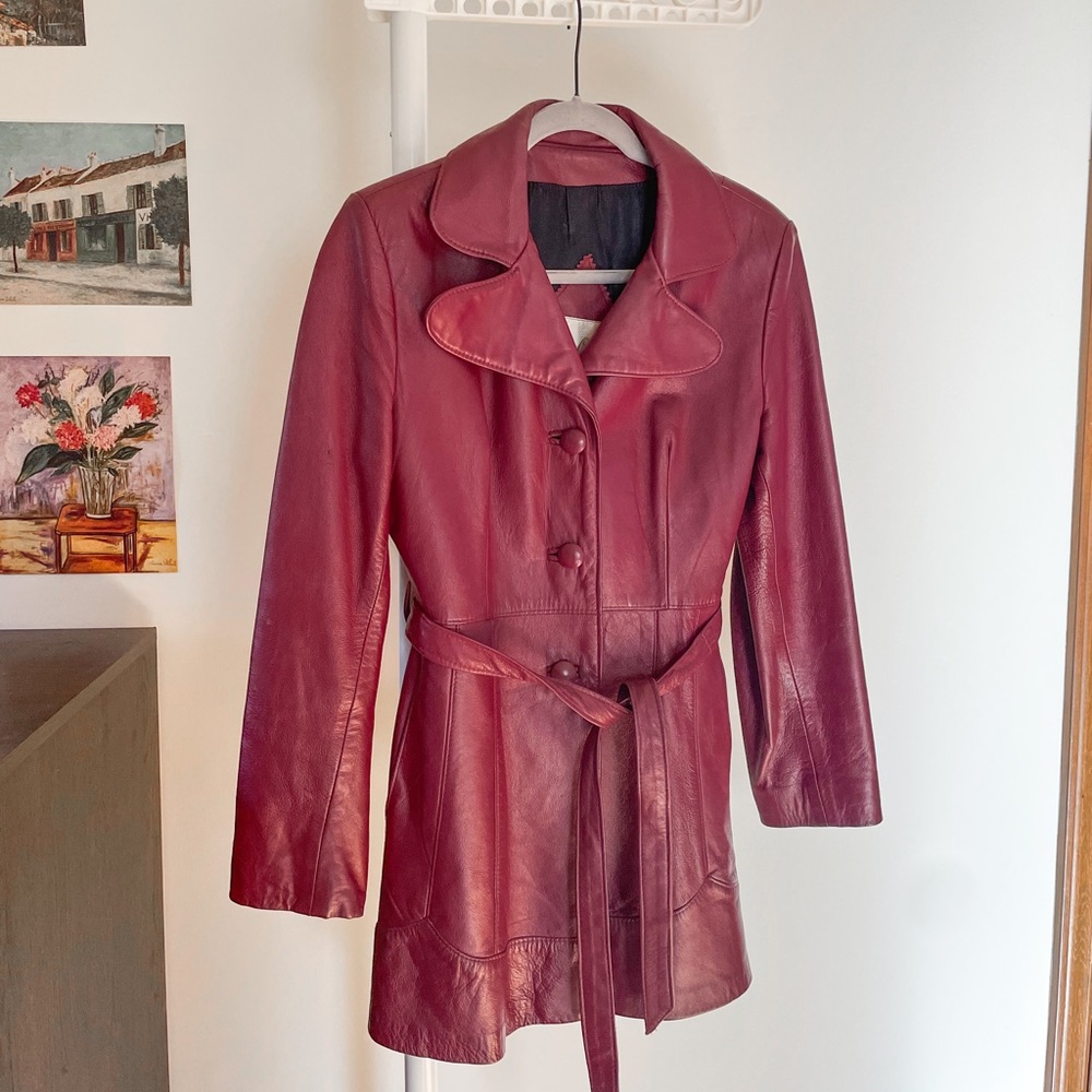 Cabretta Red Leather Coat Jacket Belted | Vintage Surrey Classics Canada